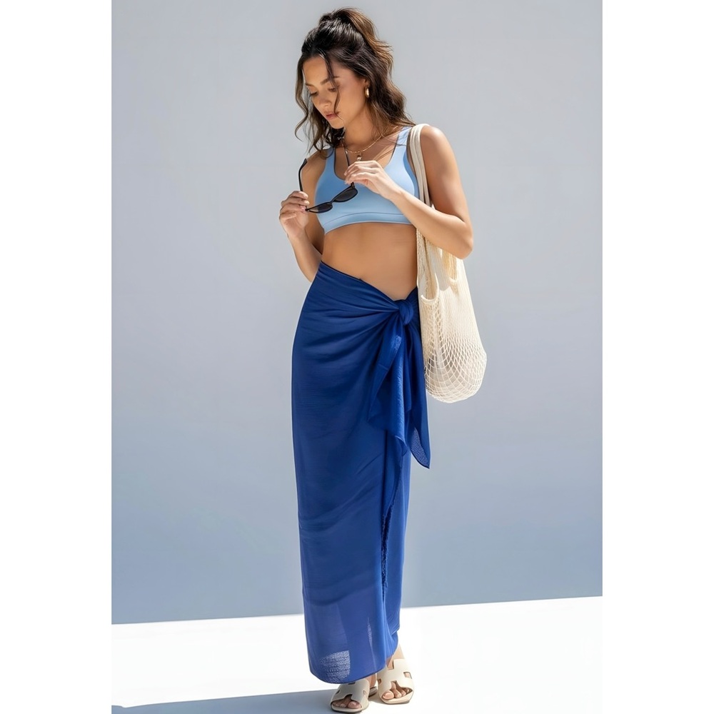 MONDAY SWIMWEAR St. Tropez Linen-Blend Sarong, Cobalt, OS - Picture 2 of 10